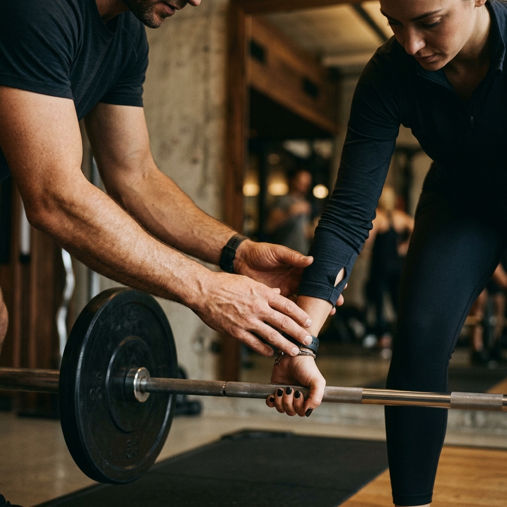 Trainer providing expert guidance during barbell exercise